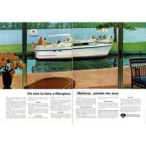 1971 Hatteras 31 Fiberglass Yacht 2 Page Vintage Print Ad Marina Picnic Wall Art